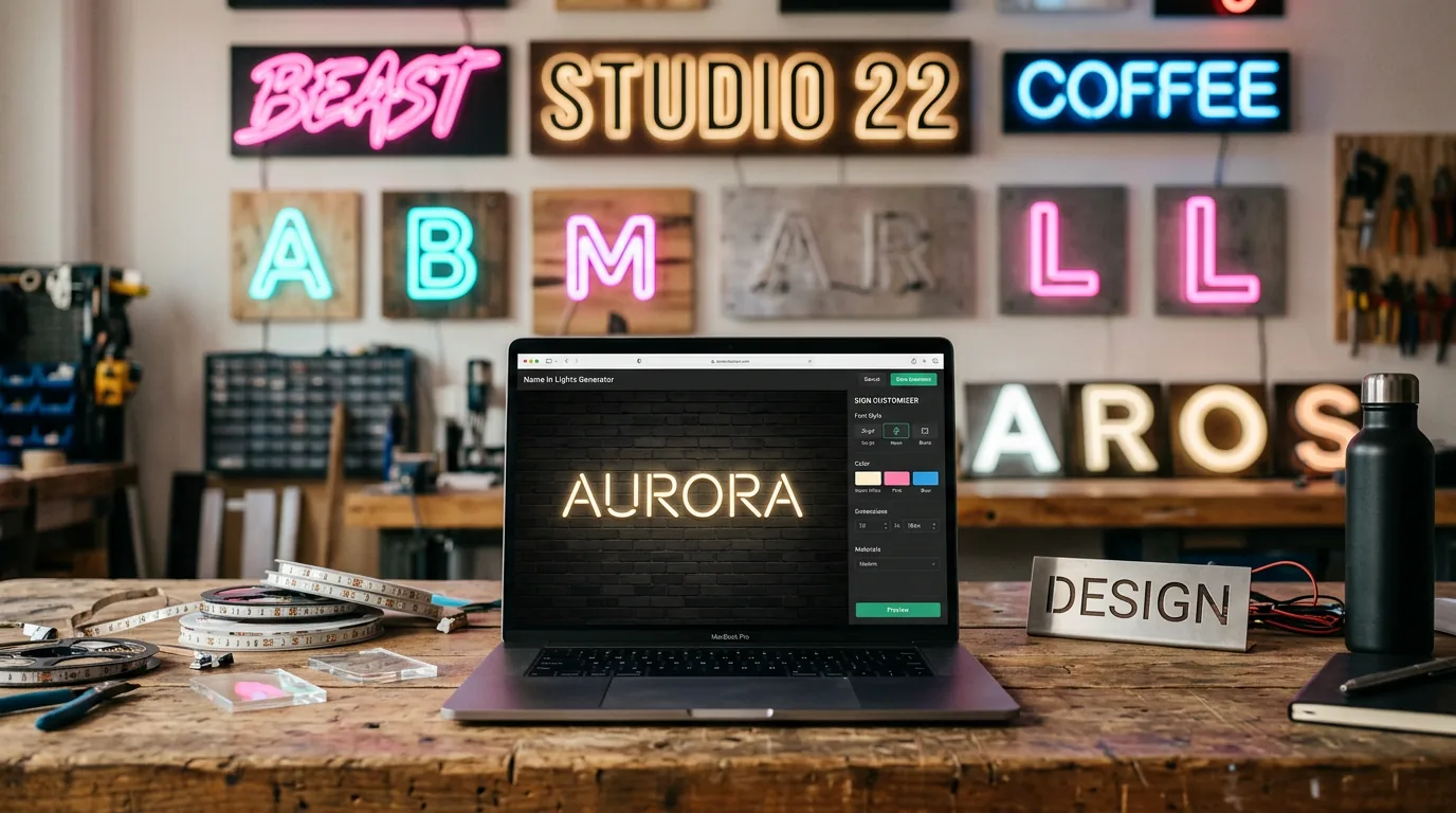 Name in lights generator interface showing custom text design on a professional workstation