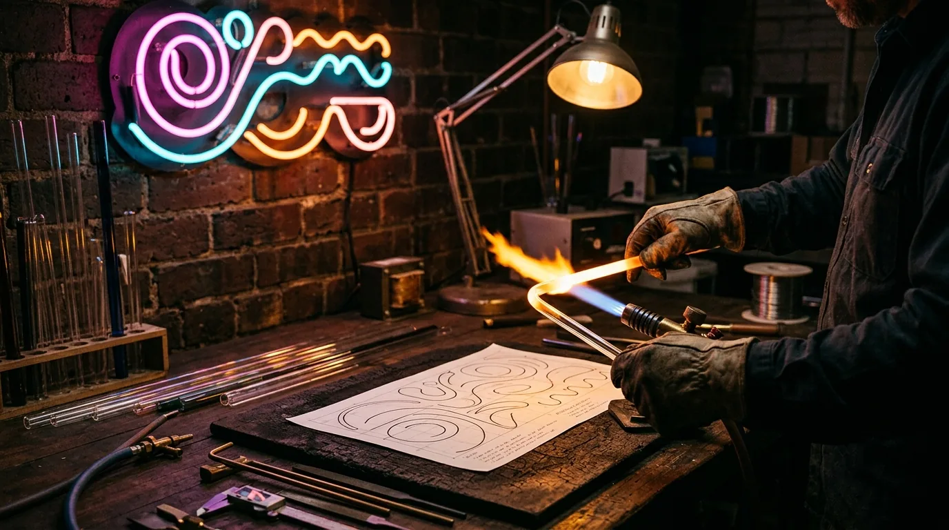 A neon glass bender heats a glass tube over a burner flame above a paper bending pattern, with glowing abstract neon artwork on the brick wall behind