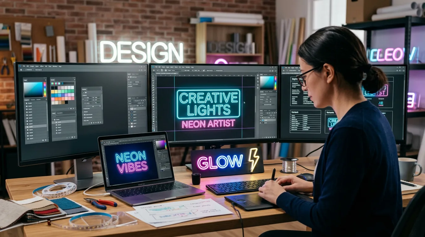 Neon generator tools on a designer workstation with LED sign mockups