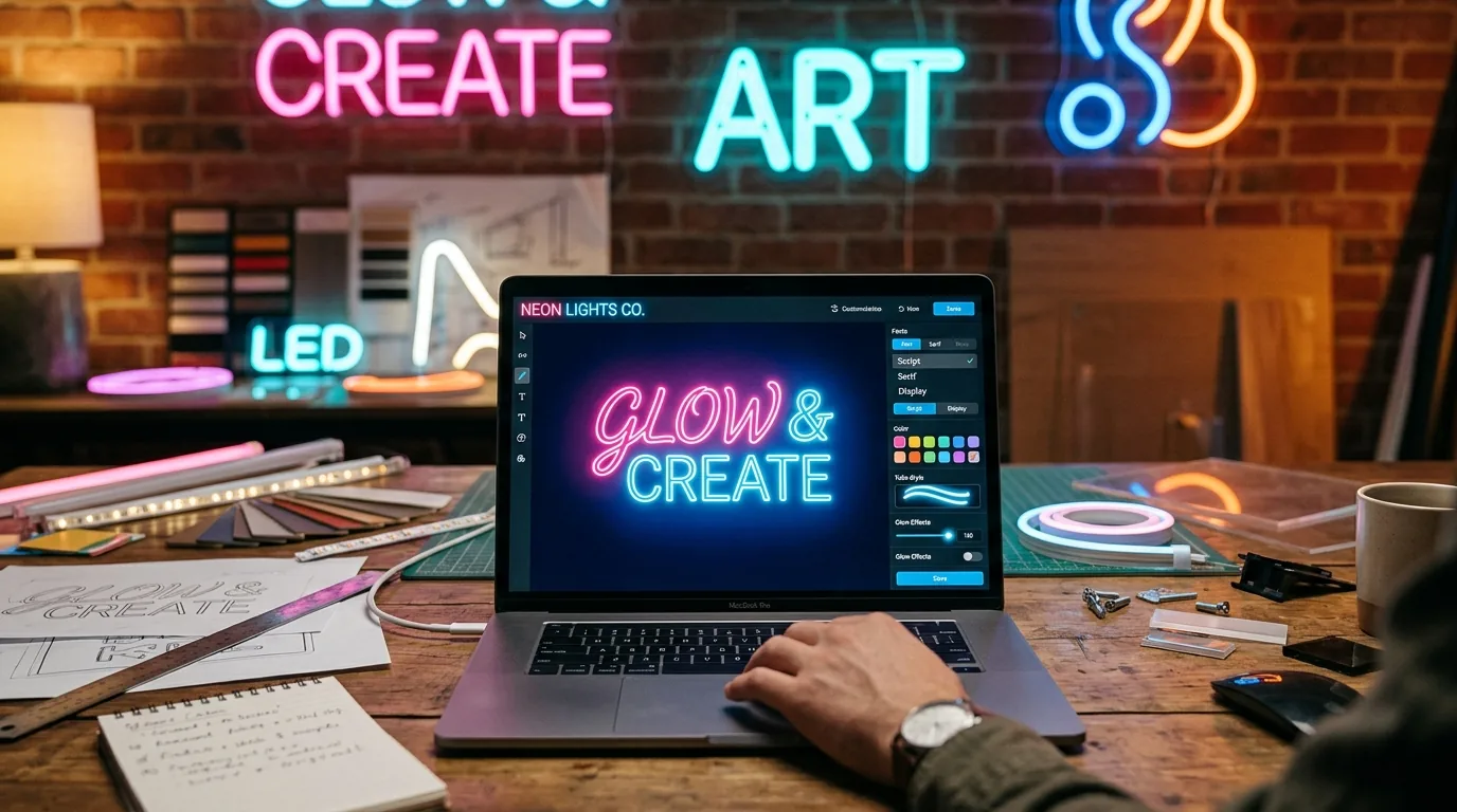 Neon light writer tool interface on laptop screen with LED sign designs in background workspace
