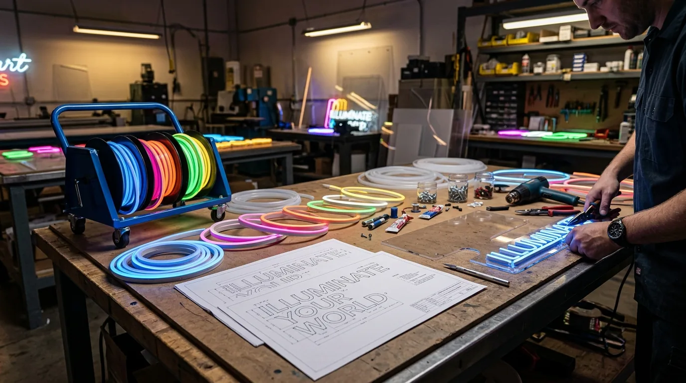 LED neon sign production workspace showing cut files and materials