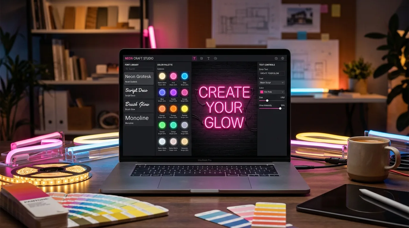 Neon light writer interface showing text customisation options