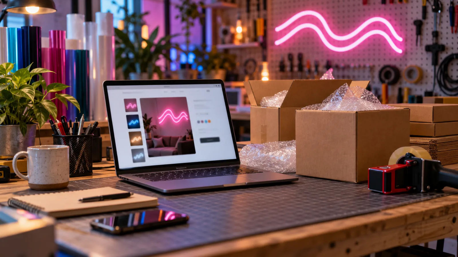 Sign workshop counter with a laptop showing an online neon sign store, packed shipping boxes and a pink neon sign on the wall
