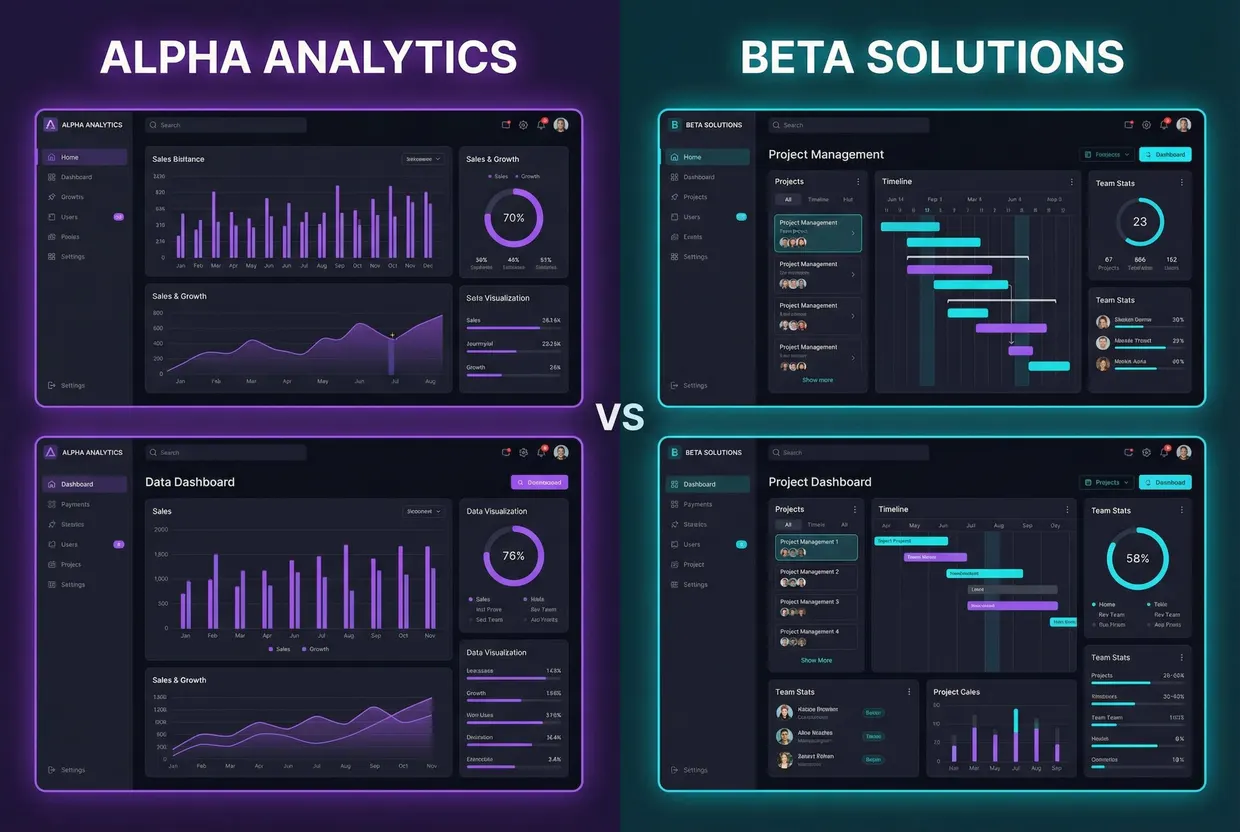 Split screen comparison of sign shop software dashboards showing different approaches to business management