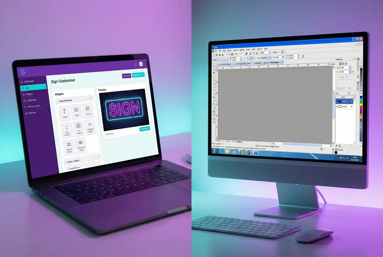 Split screen comparison of modern web-based sign customiser interface and traditional desktop design software