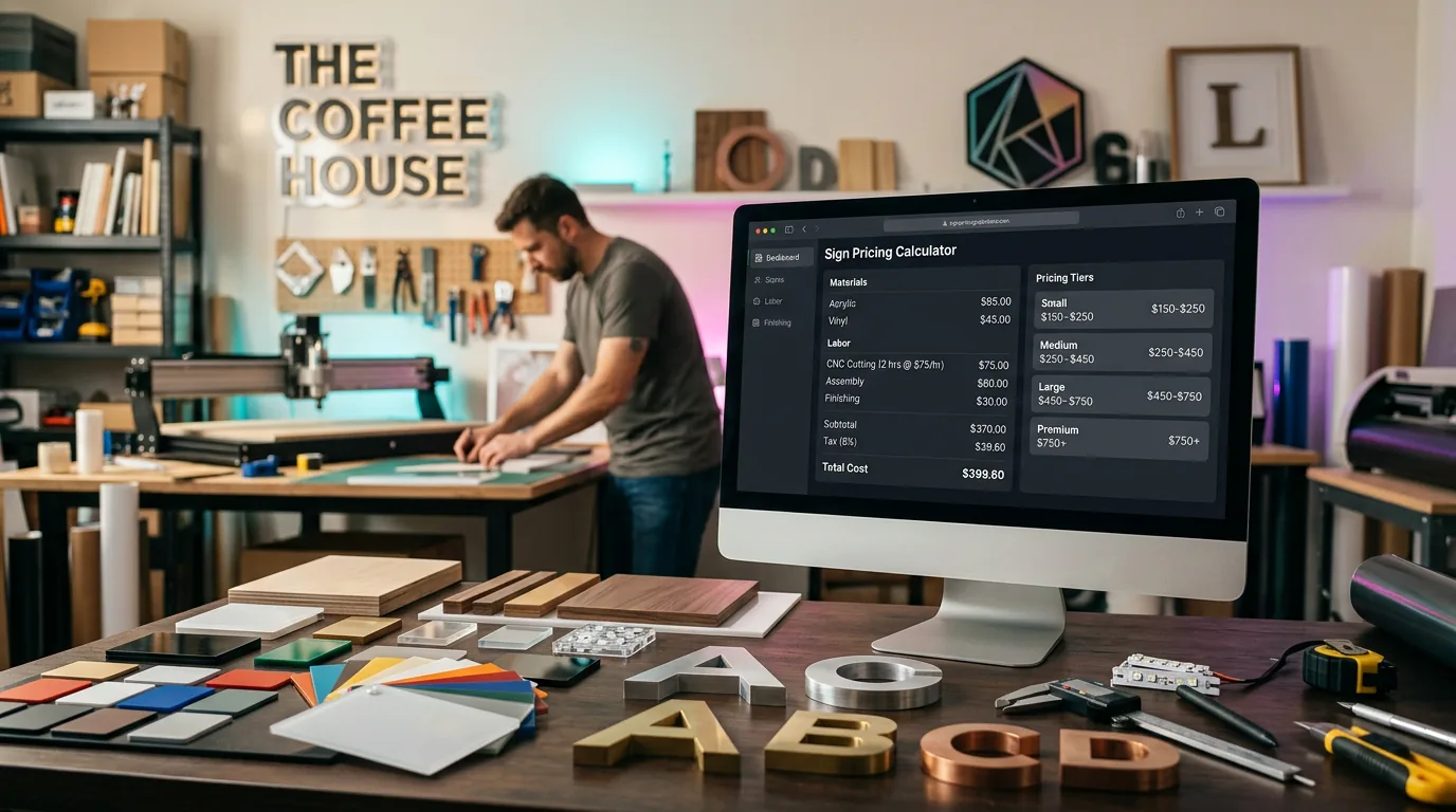 Professional sign shop workspace with pricing calculator software on monitor showing cost breakdown