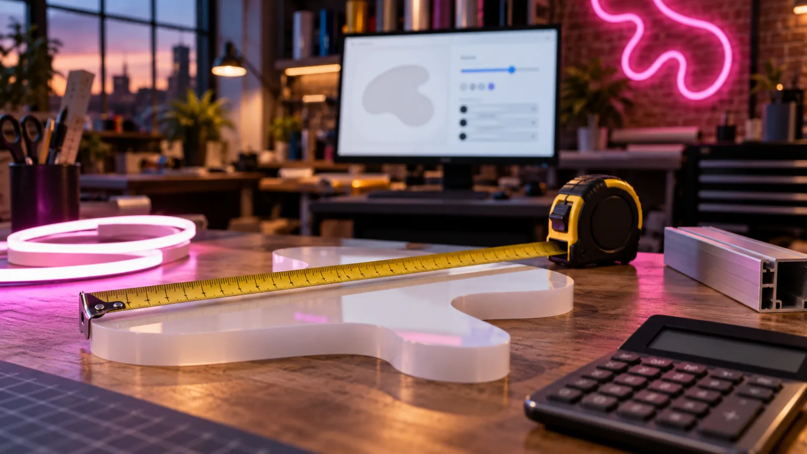 Sign maker's pricing desk with a tape measure across a cut acrylic shape, LED neon flex, an aluminium profile and a calculator, a sign configurator on the monitor behind