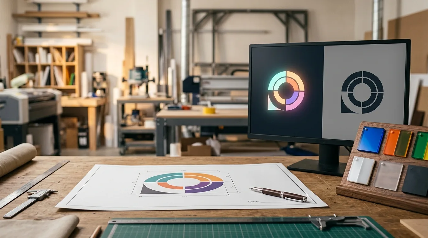 A printed sign proof with dimension lines on a workbench, a monitor showing the same logo lit and unlit, and a board of acrylic colour samples