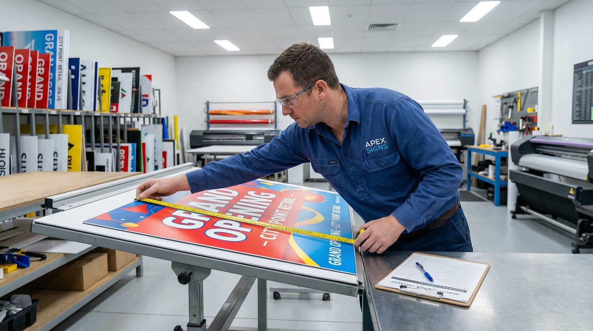 Sign shop quality control inspection of finished custom signage