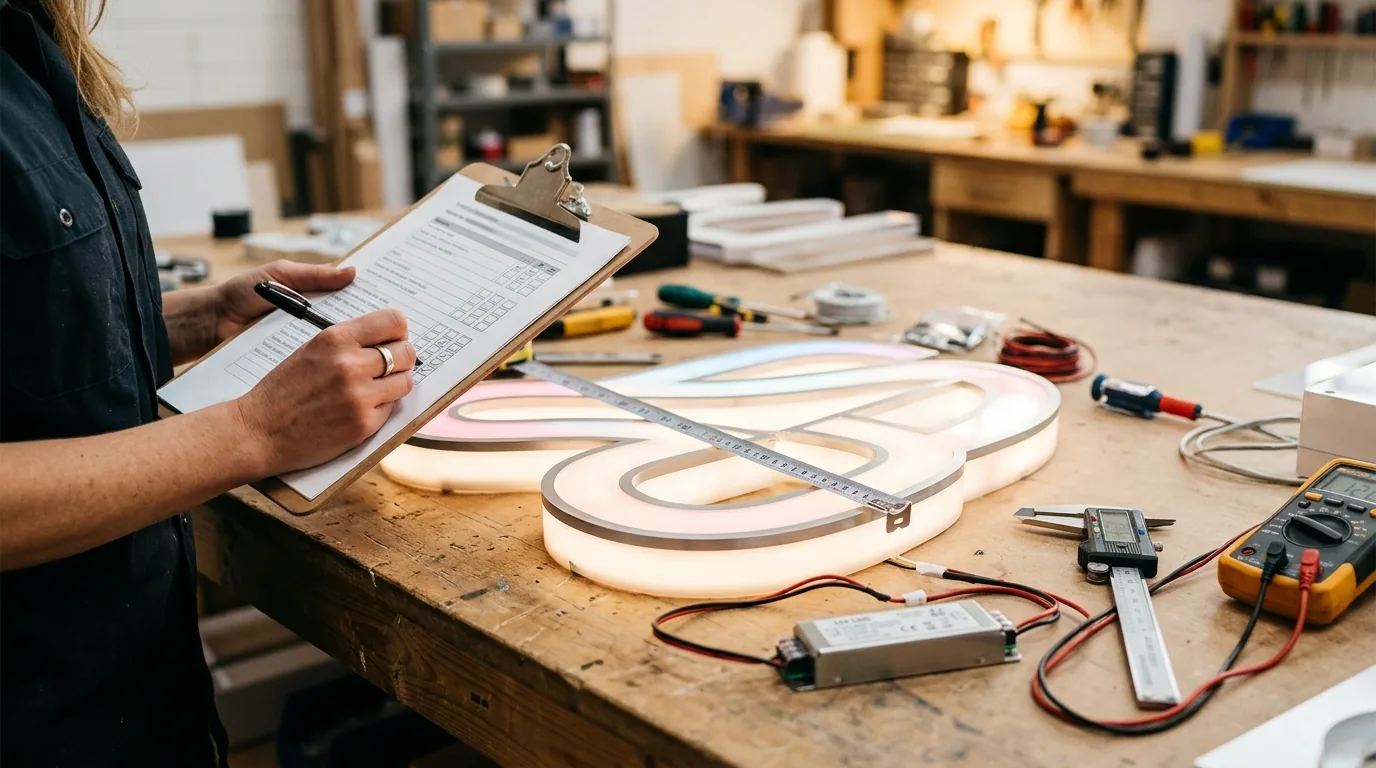 A sign maker ticks a printed checklist beside a lit acrylic sign, a tape measure, a caliper, a multimeter and an LED driver on a workbench