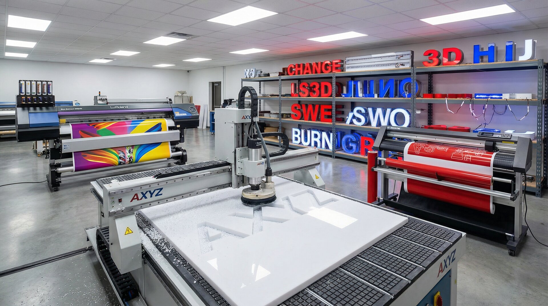 Sign shop production floor with CNC router and large format printer