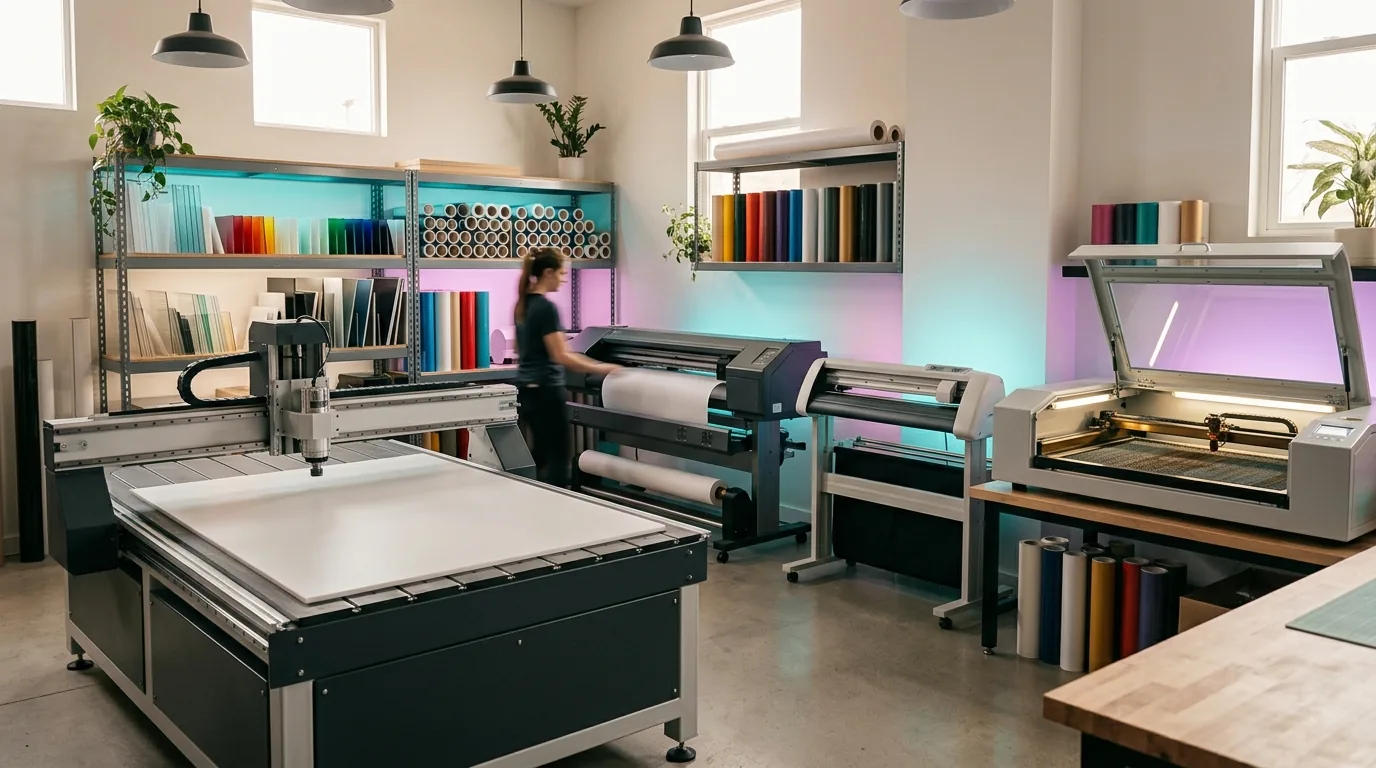 A sign shop with a flatbed CNC router, a wide-format printer, a vinyl cutter and a CO2 laser cutter, with acrylic and vinyl stock on shelves