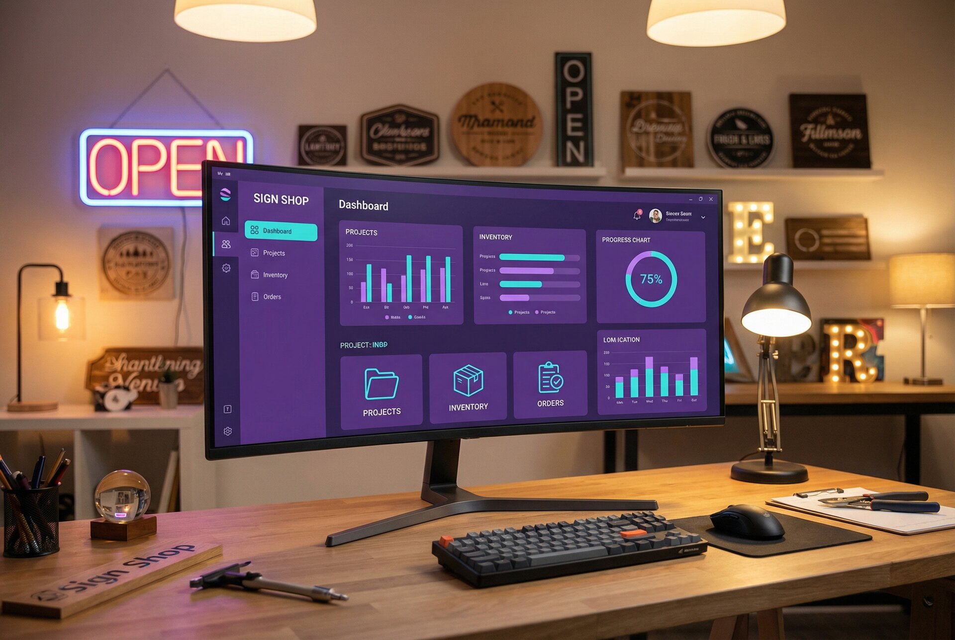 Sign shop management dashboard displaying order tracking and production workflow on a large monitor