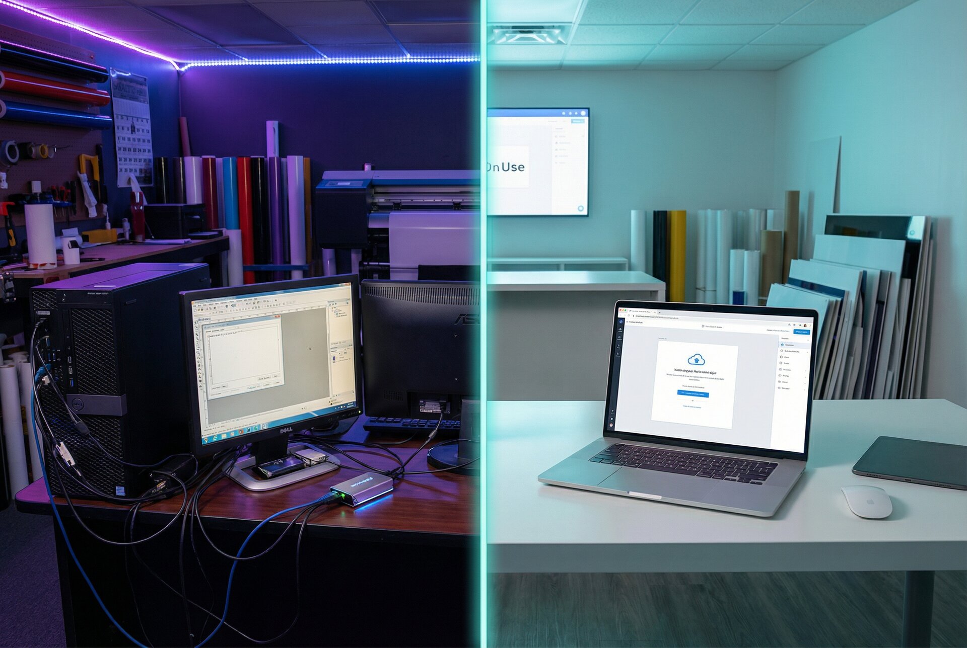 Split-screen comparison of desktop sign software workstation versus cloud-based laptop interface in professional sign shop