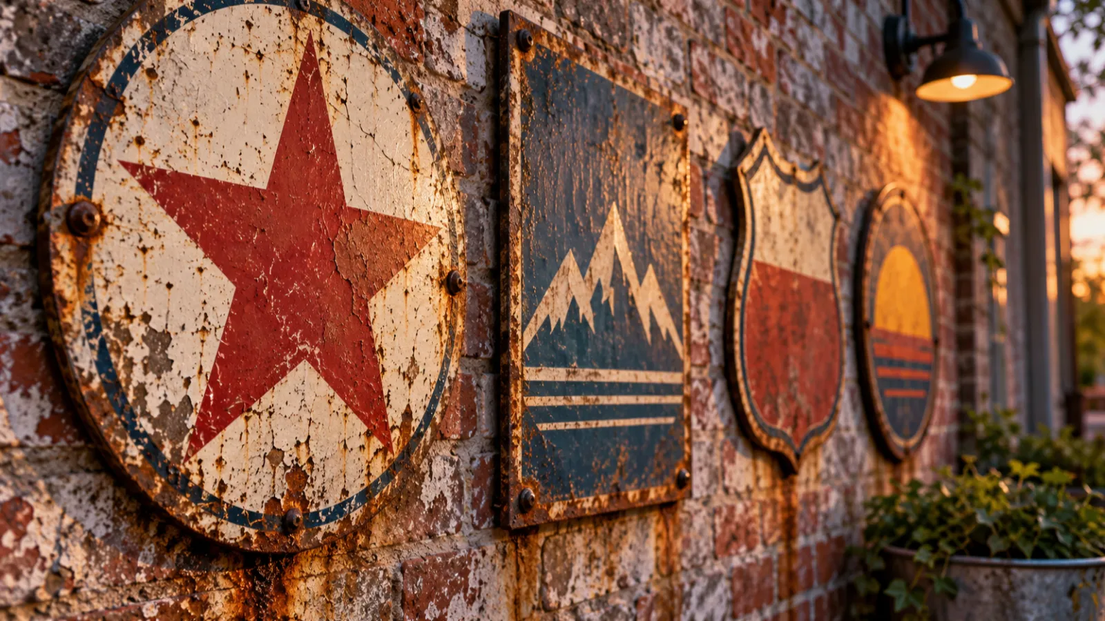 Vintage metal signs with faded paint, rust and patina on a weathered brick wall