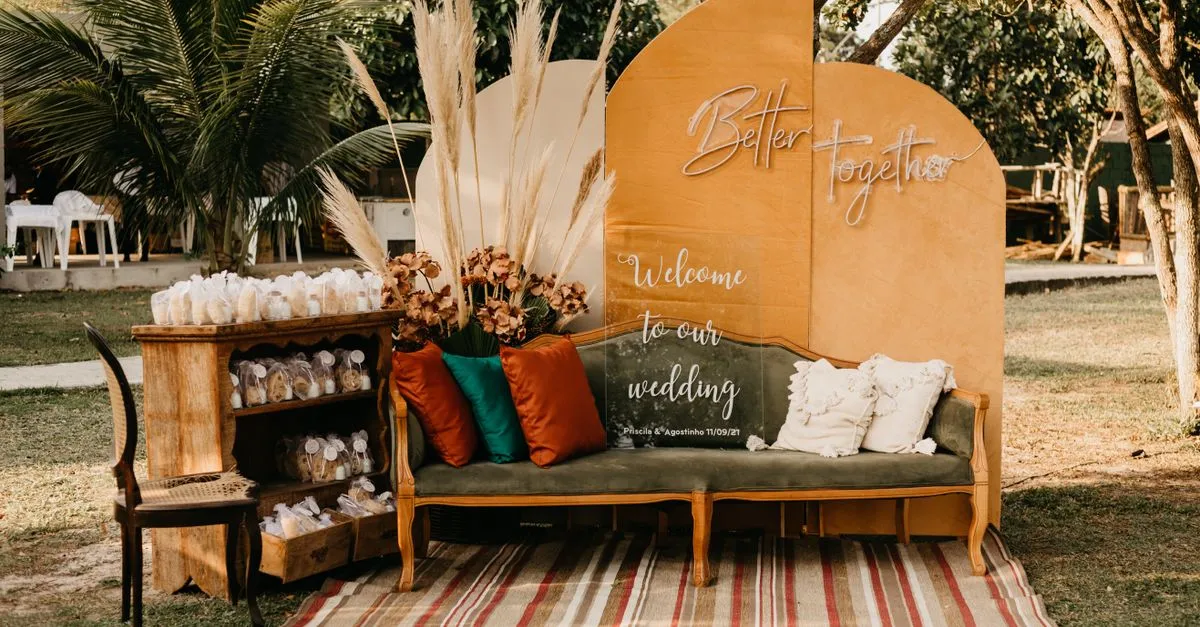 Welcome to Our Wedding sign and sofa