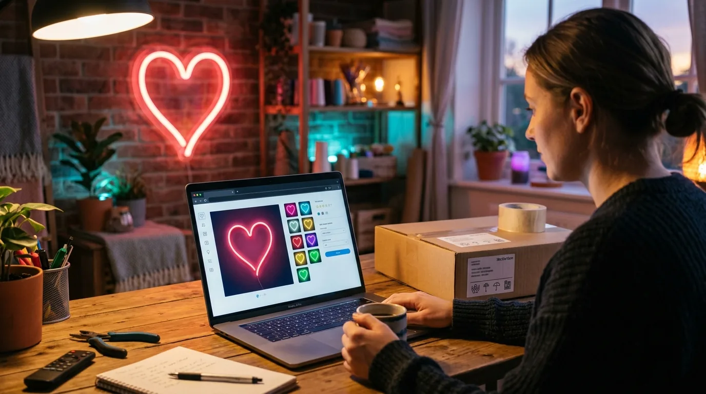 A shop owner at a laptop showing a neon heart design with colour options, a packed shipping box beside the laptop and the finished neon heart sign on the wall