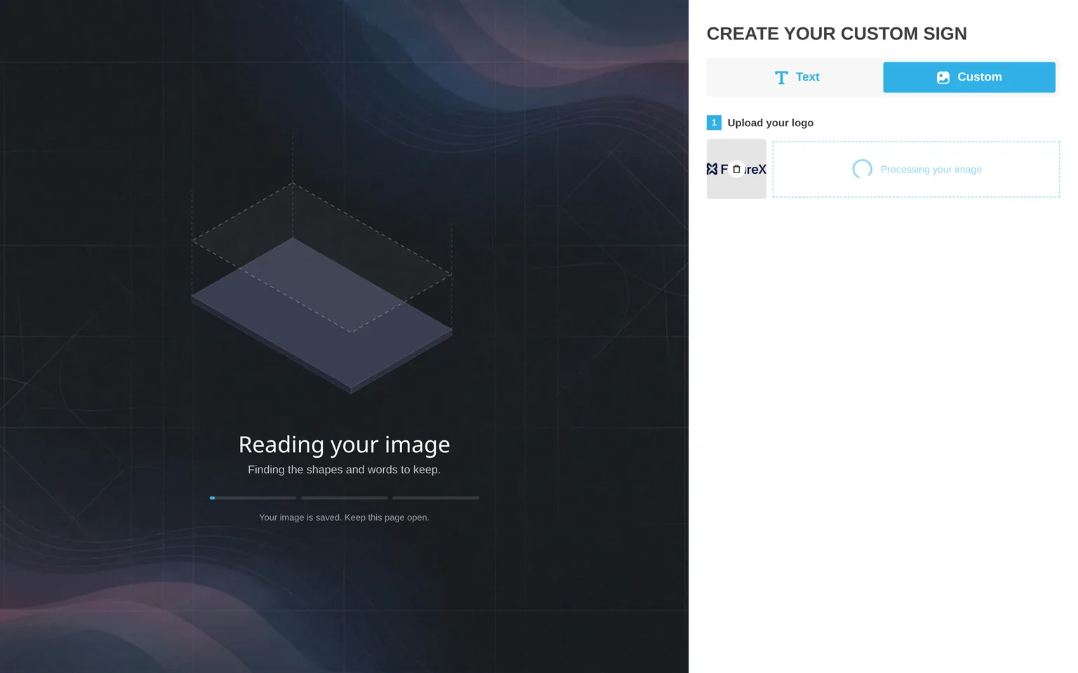 The build screen with a sign drawing, the Reading your image stage, a progress bar and the Your image is saved. Keep this page open. message.