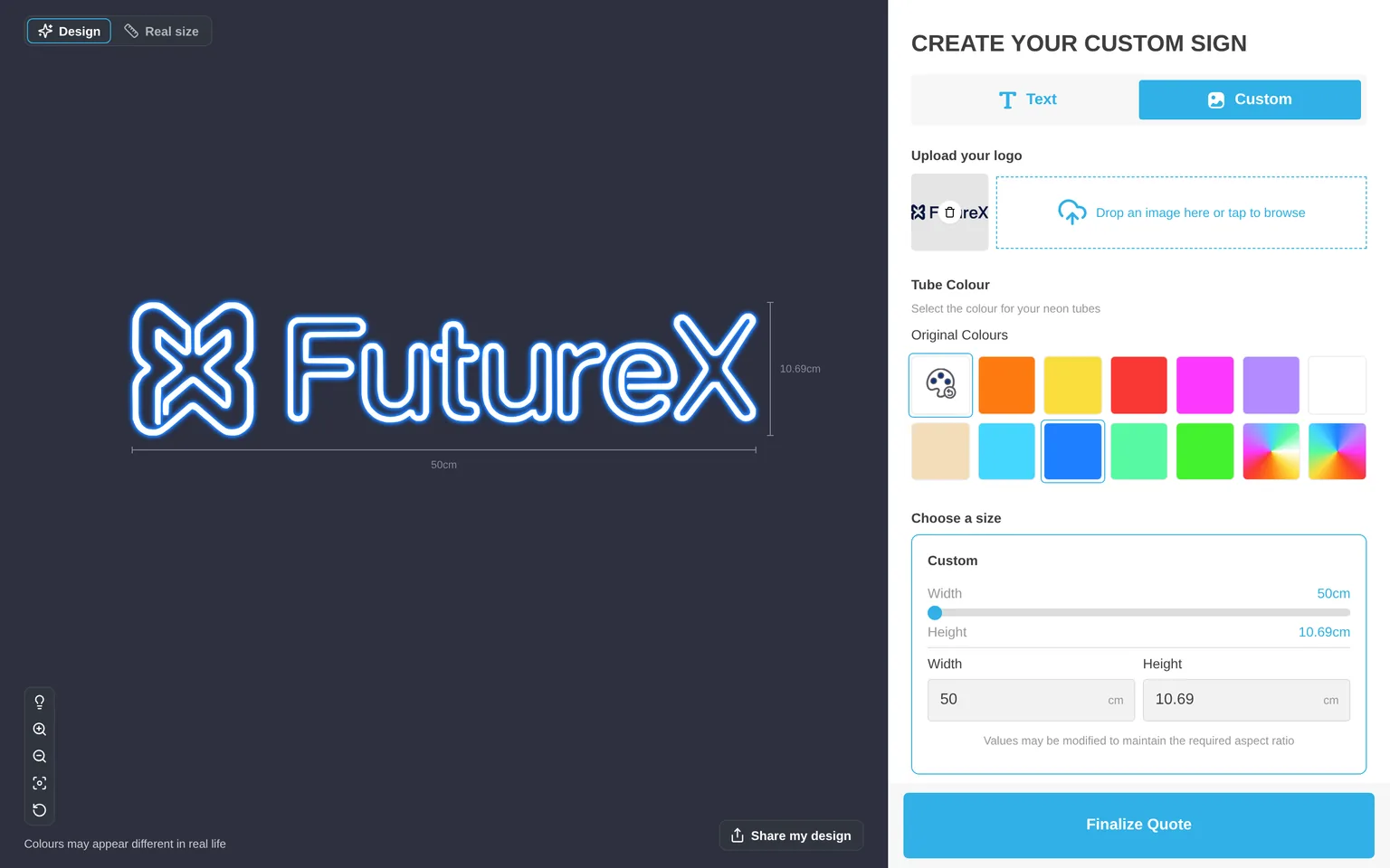 A generated AI design on the sign preview with a Finalize Quote button and no price.