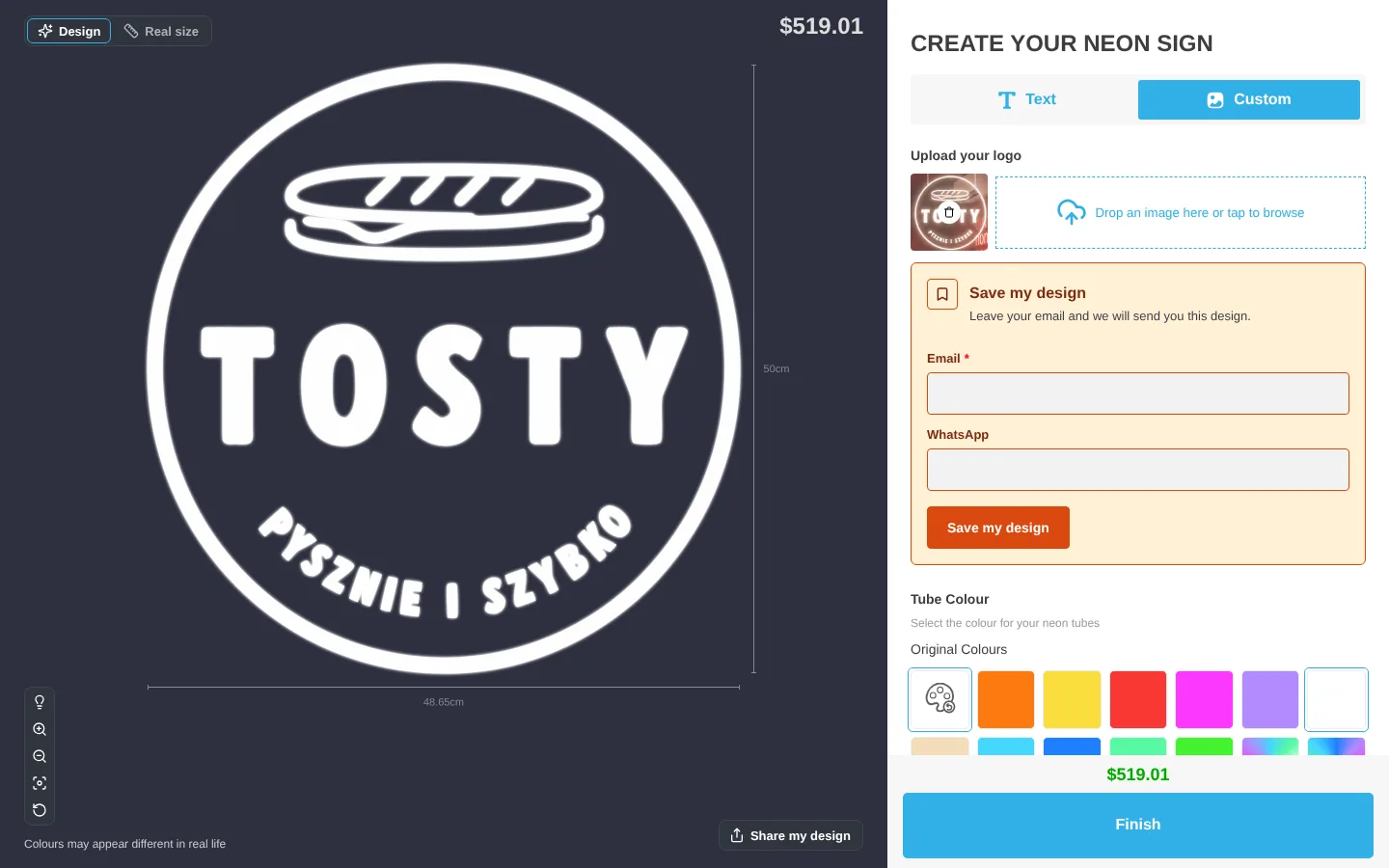 The customiser on a desktop screen after the design is ready. The empty Save my design form is below the upload area in the sidebar, above the tube colours, the price and the Finish button.
