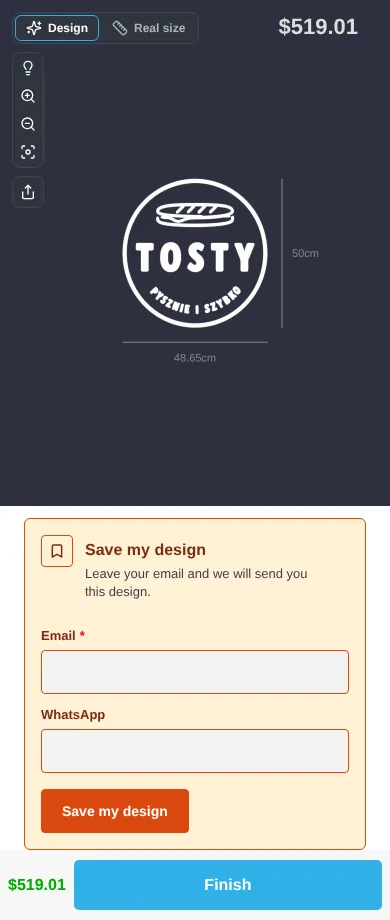 On a phone, the finished design with the Save my design form at the top of the sidebar, above the price and the Finish button.