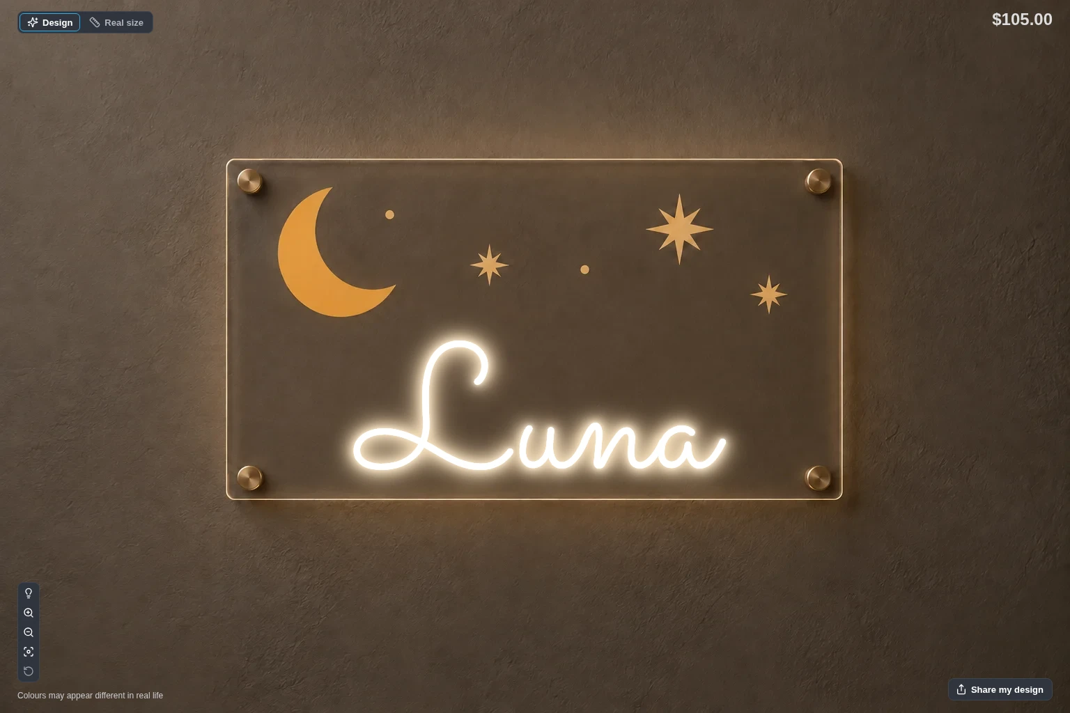 Luna rendered by Sign Customiser over fixed moon and star artwork.